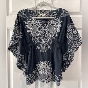 Women's Heavy Embroidered Boho Blouse Size M Floral Top Dolman Batwing Sleeves